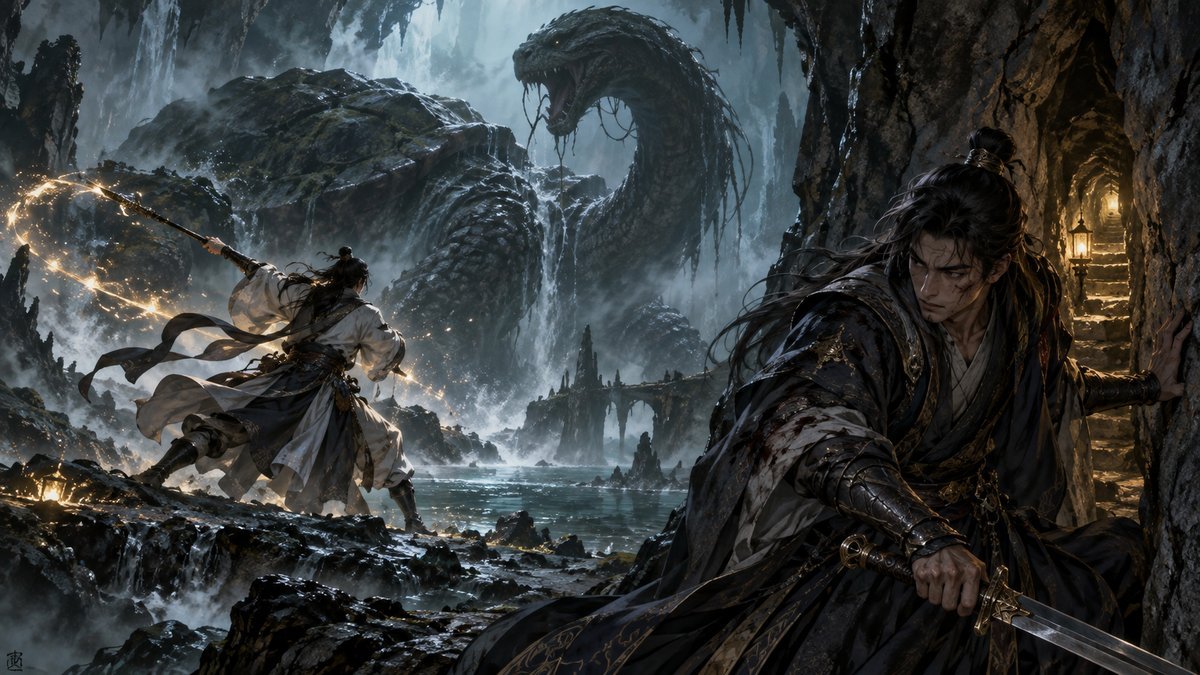 Two central cultivators protect a vulnerable figure in a ruined temple courtyard while other silhouettes form a tense ring around them.