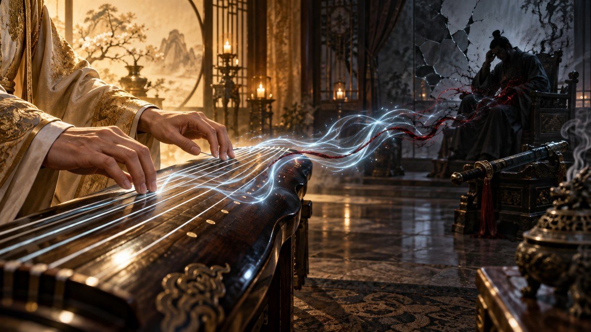 06-healing-and-distorted-music Gold-sleeved hands play a seven-string guqin as pale-blue healing sound is infiltrated by a thin dark-red current leading toward a shadowed cultivator and a resting saber.