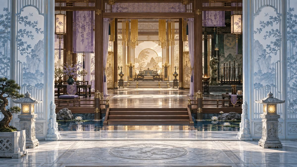 06-interiors-thresholds-clan-identity Layered architectural thresholds combine pale carved stone, warm wood, purple textiles, gold ornament, dark metal, lanterns, water, and weapon stands to suggest the different clan interiors.