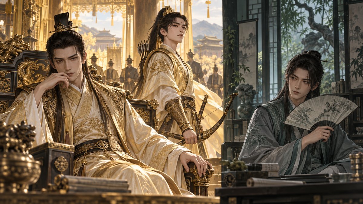 Jin Guangyao and Jin Ling appear in a brilliant gold ceremonial hall while Nie Huaisang watches from a green-gray study behind an open fan, contrasting status, preciousness, and hidden intention.