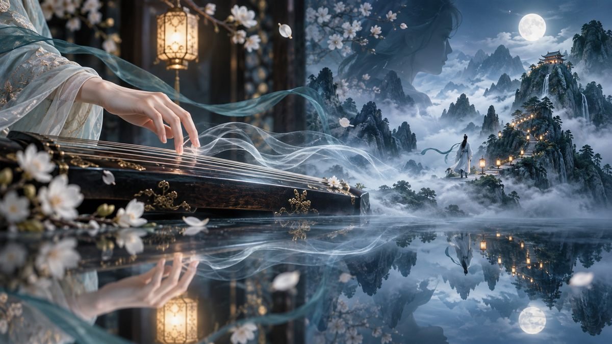Music from an ancient zither flows as mist into a moonlit mountain memory.