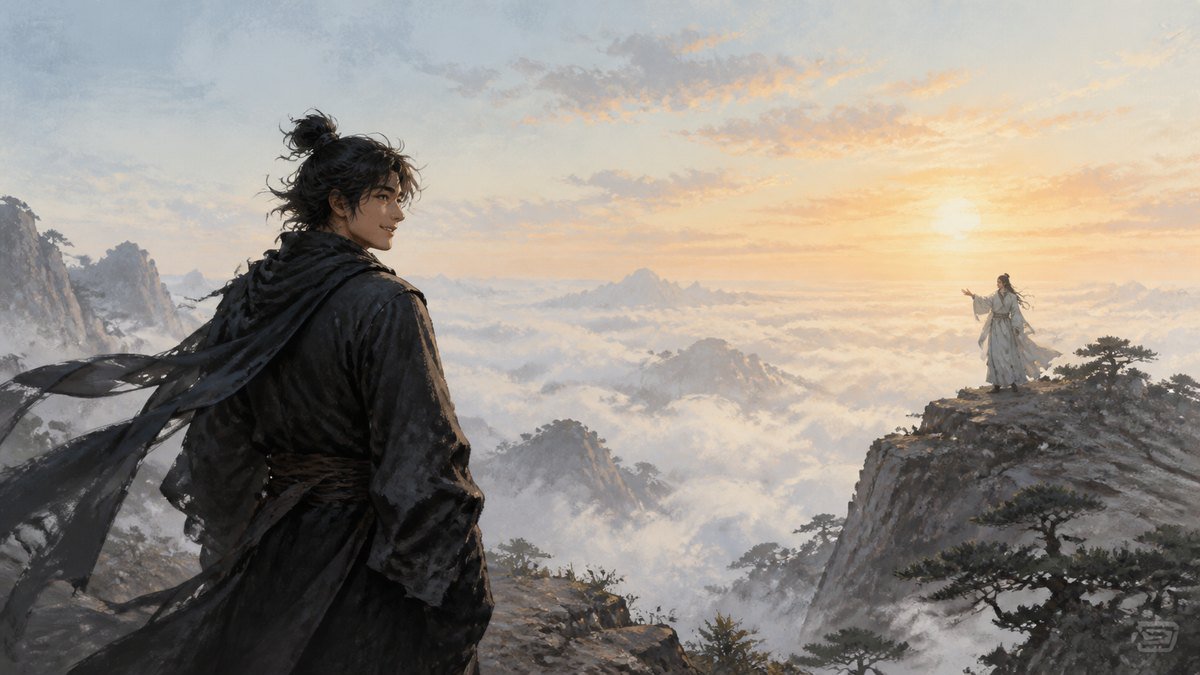 A dark-robed traveler turns toward a pale-robed companion across a sunrise mountain ridge above the clouds.