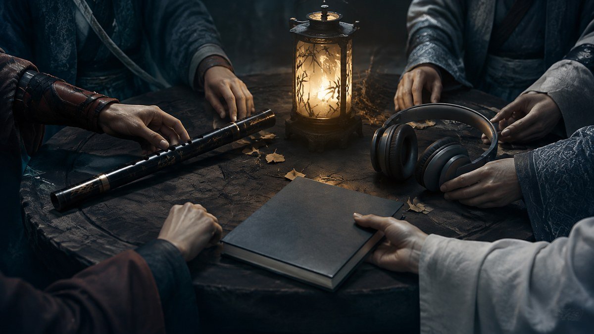 Fans gather around a lantern with a flute, headphones, and blank notebook for shared listening.