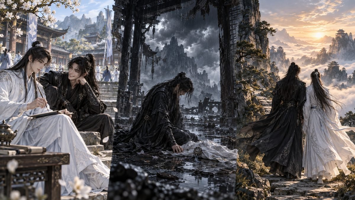 Three connected settings move from a bright school to stormy loss and two men walking toward dawn.