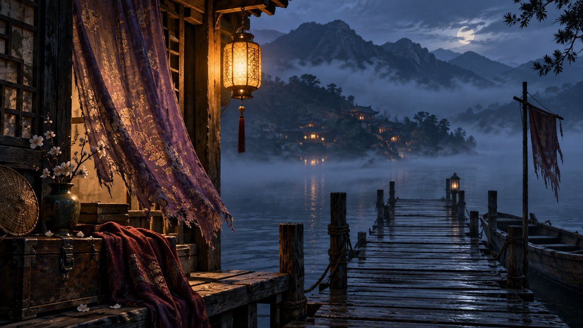 Warm lantern light touches faded purple fabric beside a blue misty pier, turning place into memory.