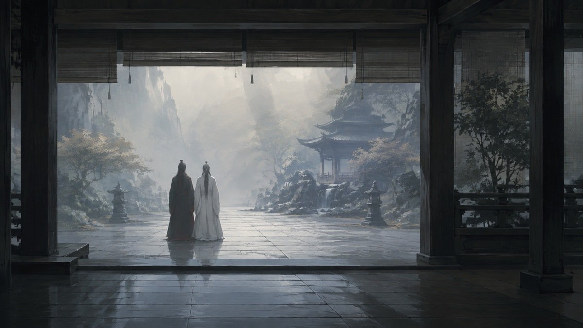 A pavilion doorway frames small figures of Wei Wuxian and Lan Wangji, inviting attention to the whole scene.