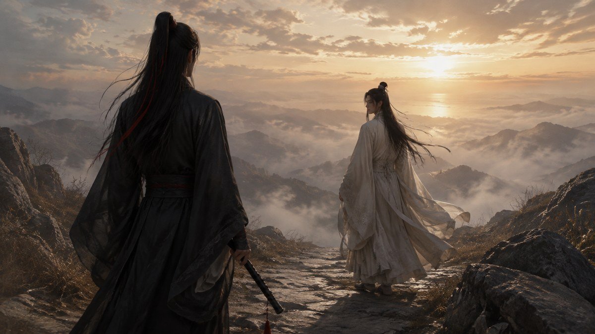 Wei Wuxian and Lan Wangji turn toward each other on a sunrise path after a long separation.