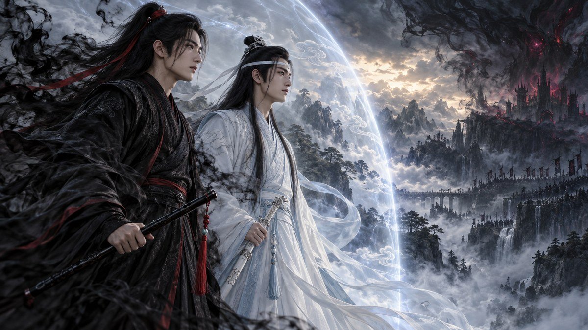 Lan Wangji's pale barrier shields him and Wei Wuxian as dark energy gathers across the mountain valley.