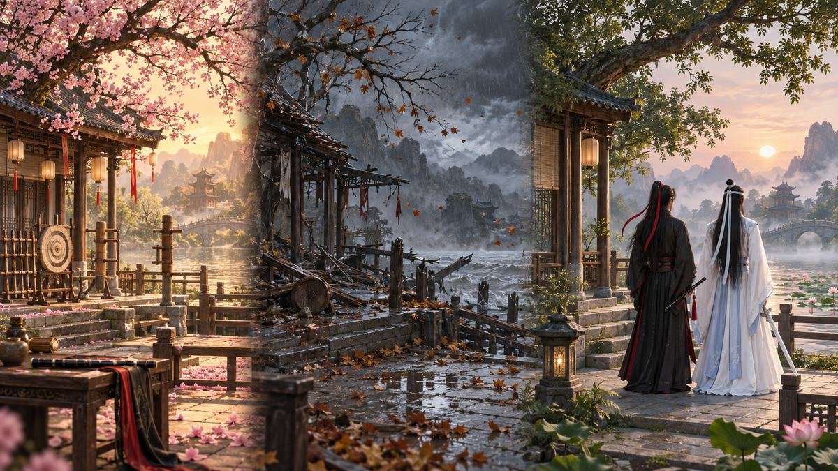 07-locations-change-meaning One riverside courtyard transitions from lively spring to storm-damaged autumn and restored dawn, where Wei Wuxian and Lan Wangji stand from behind with their red and white hair ribbons visible.