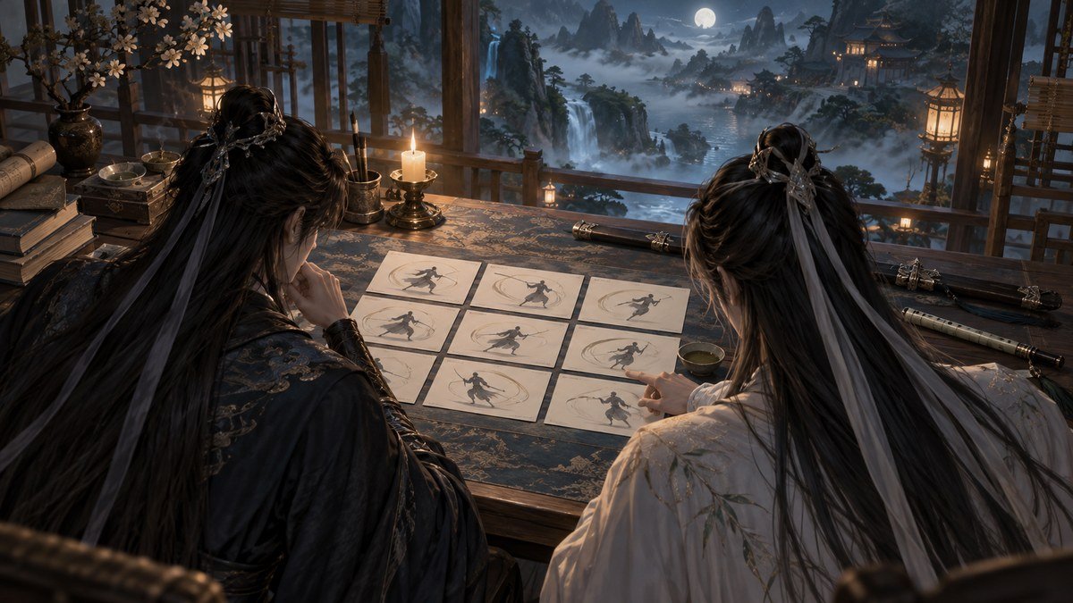 Two fictional male cultivators study nine storyboard cards with action silhouettes and movement arcs at a candlelit table overlooking misty mountains.