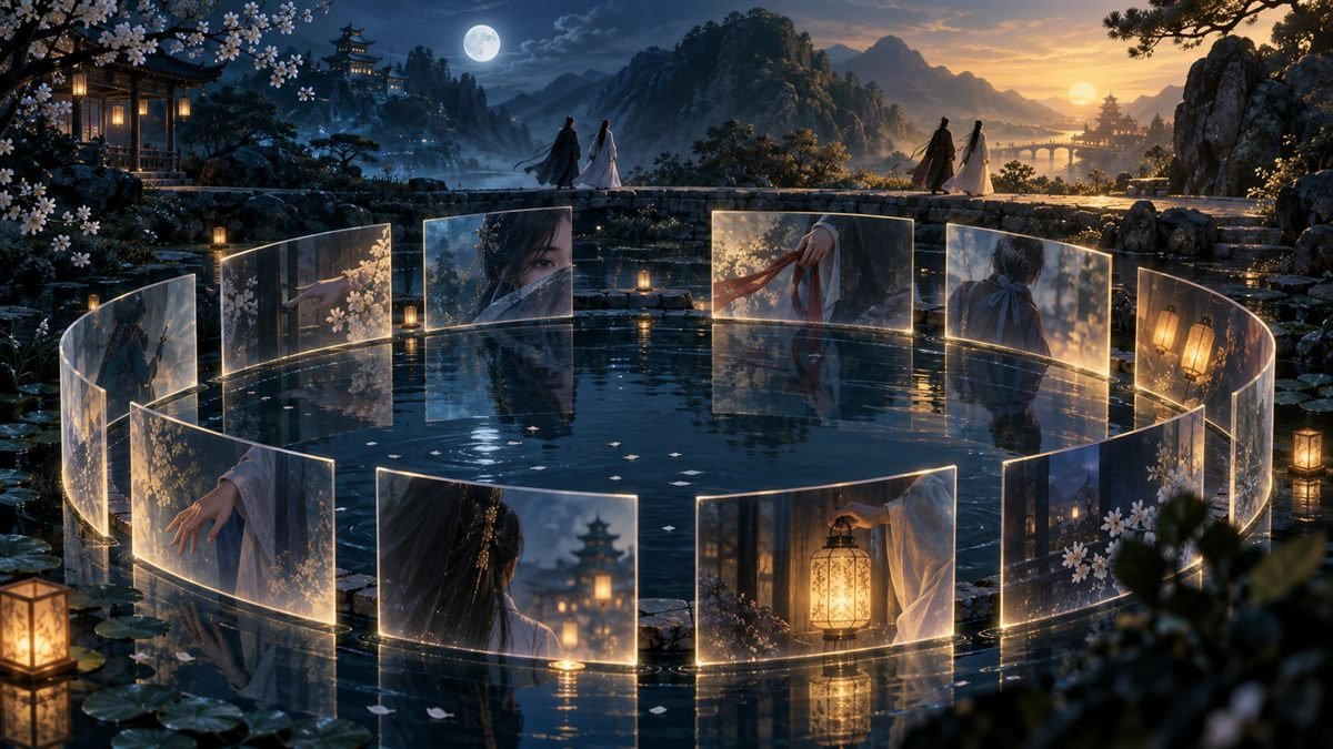Circular memory frames reveal hidden gestures around a reflective pond as two figures revisit a path.