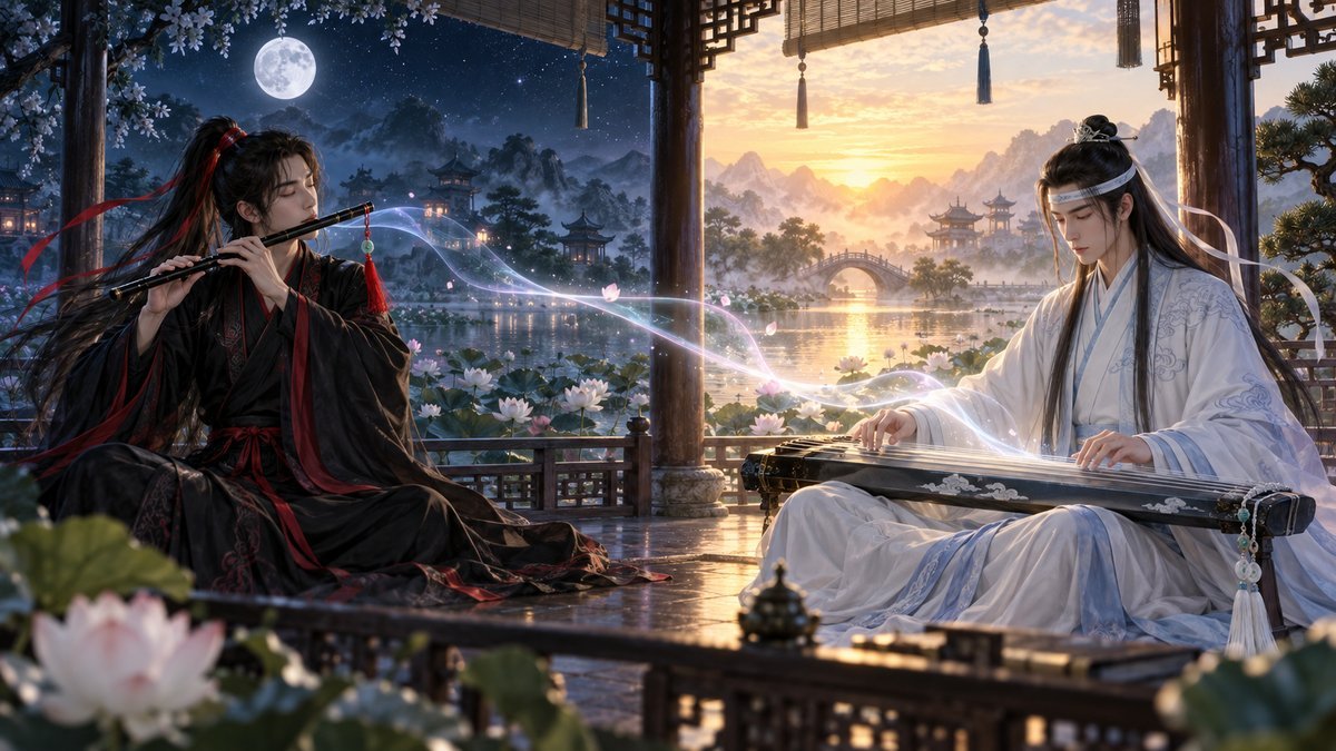 07-shared-melody-recognition Wei Wuxian’s moonlit flute and Lan Wangji’s sunrise guqin are connected by one luminous melody, with Wei’s red ribbon and Lan’s white forehead ribbon clearly identifying them.