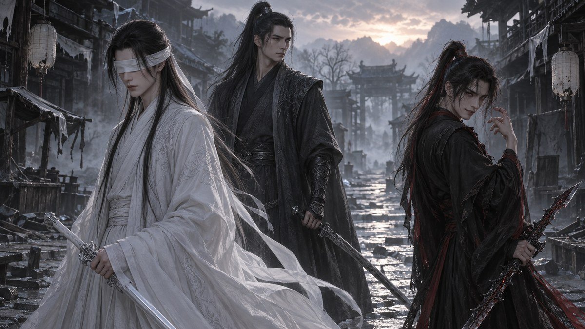 Blindfolded Xiao Xingchen in white, stern Song Lan in charcoal, and unsettling Xue Yang in black and red stand on a foggy ruined Yi City street at dawn.