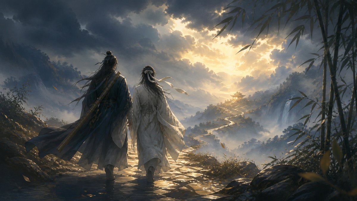 Two cultivators walk side by side toward a warm pavilion as storm clouds open over a mountain path.