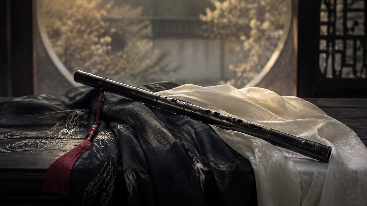 A dark flute with a red tassel lies across black and ivory fabric in a symbolic study of The Untamed's visual contrasts.