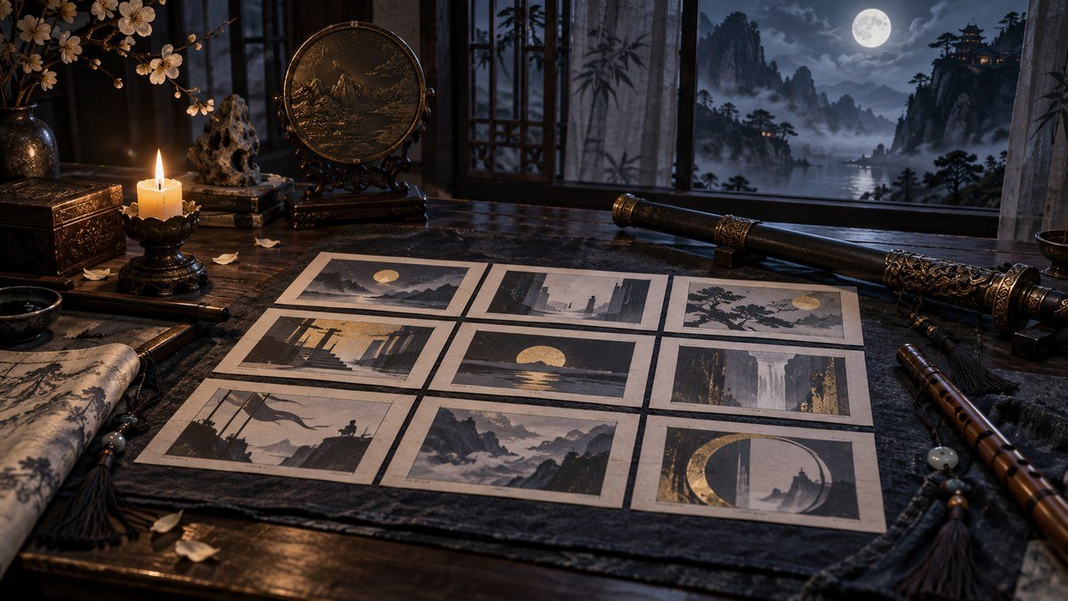 Nine blank composition cards, a mirror, sword, flute, and candle form a visual directing study table.
