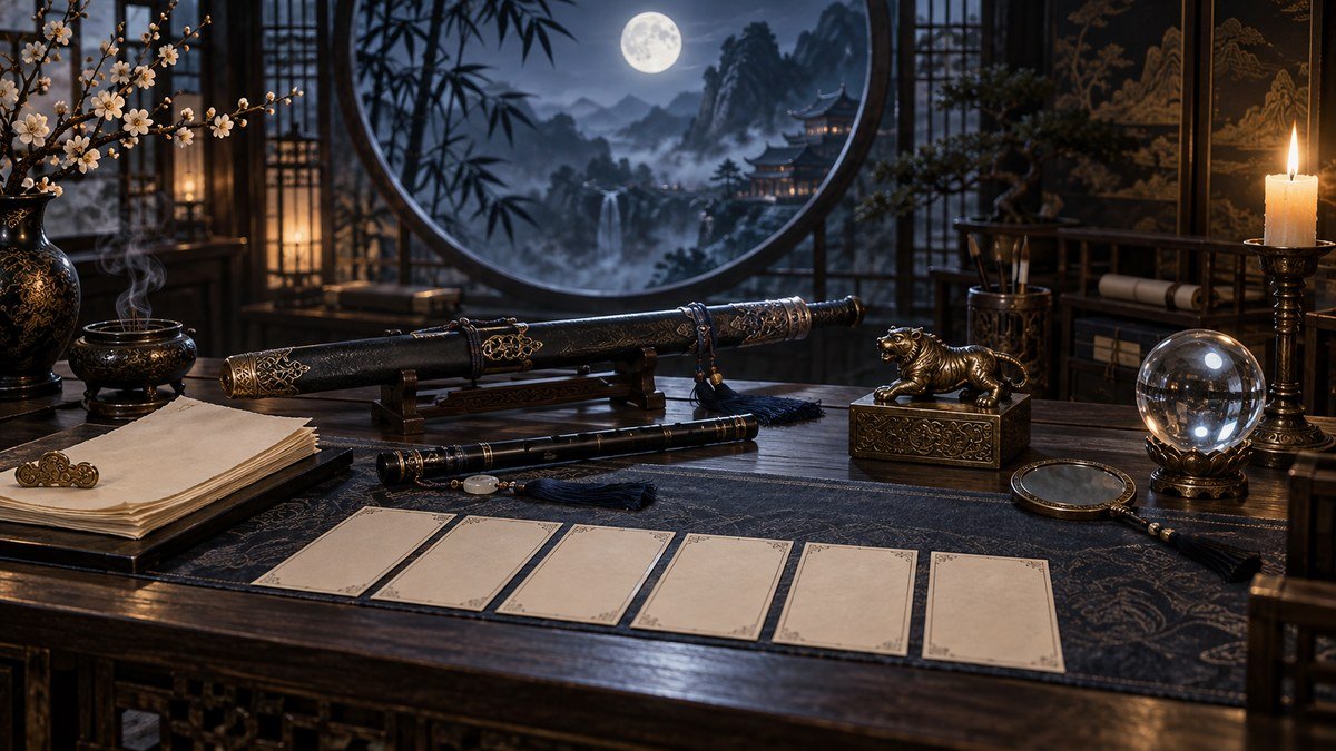 A sword, flute, tiger tally, crystal sphere, blank cards, and candle form a visual-effects study table.