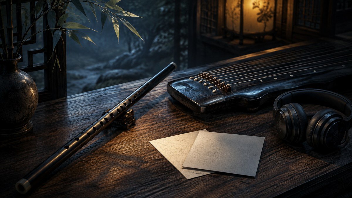 A flute, guqin, headphones, and blank cards invite questions about The Untamed soundtrack.