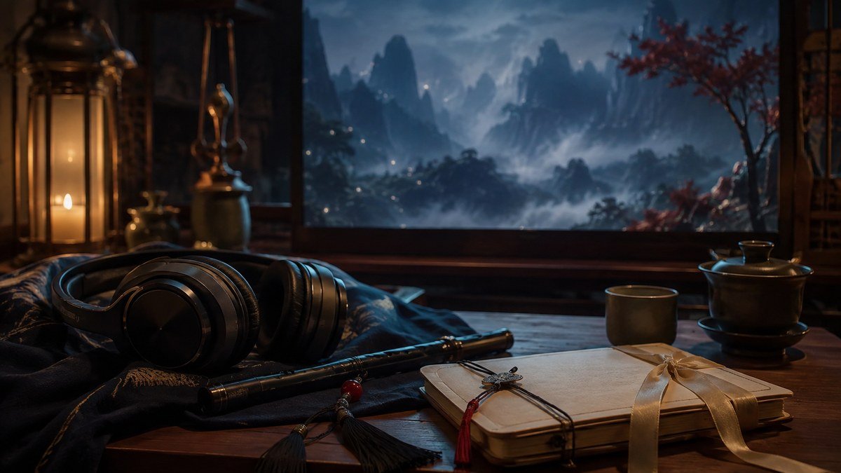 Headphones, tea, a flute keepsake, and blank journal create a quiet ritual for a comforting rewatch.