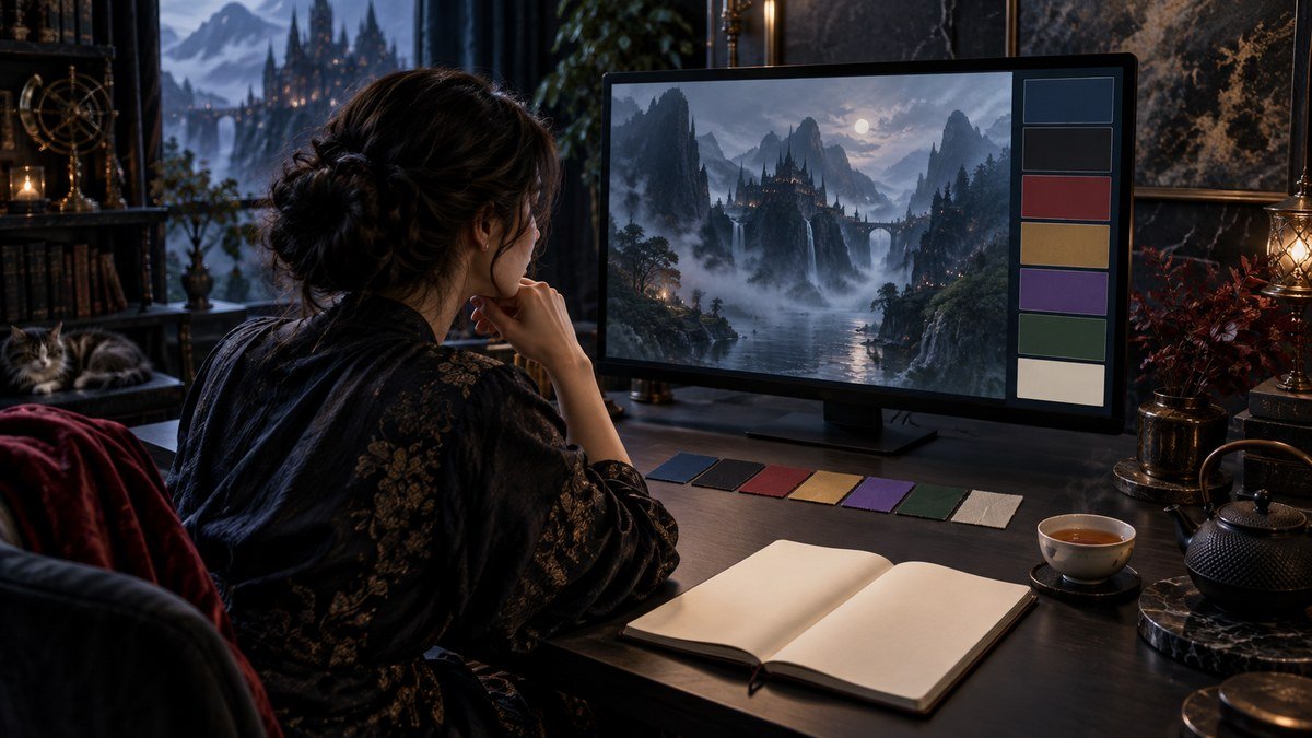 A viewer compares color swatches beside a blank notebook while rewatching a misty fantasy scene.