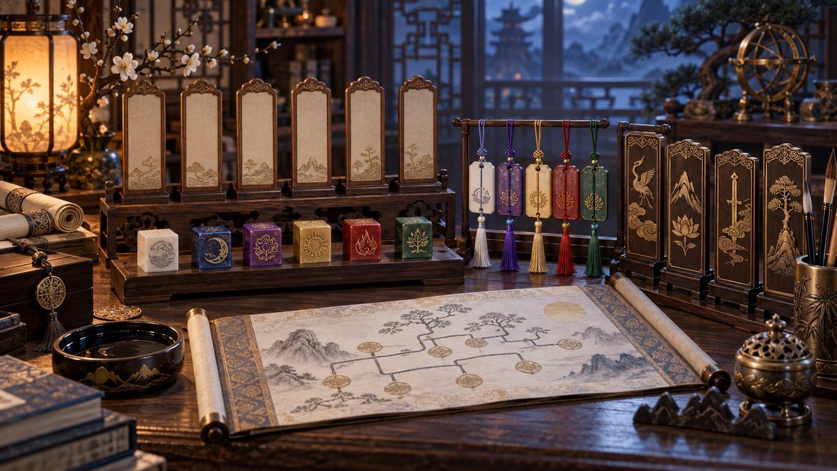 A scholarly table holds blank name tablets, family seals, paired tokens, clan-colored cords, brushes, and an illustrated genealogy scroll for frequently asked questions about Chinese character names.
