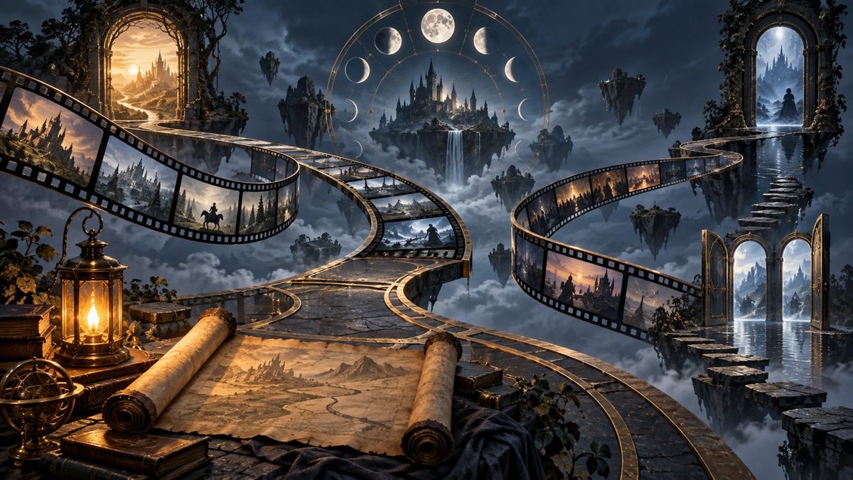 Branching film paths, moon phases, scrolls, and doorways visualize questions about story chronology.