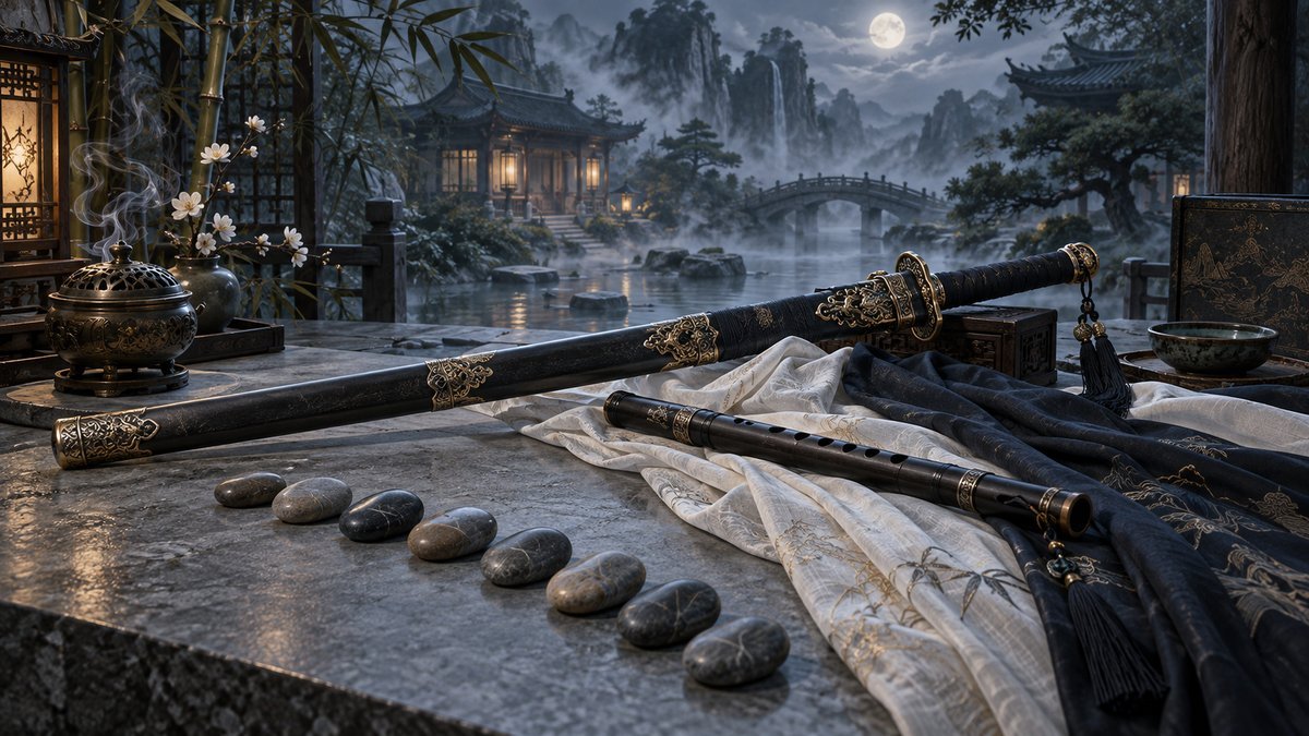 A sheathed sword, bamboo flute, dark and pale fabric, and nine unmarked stones rest on a table beside a moonlit garden.