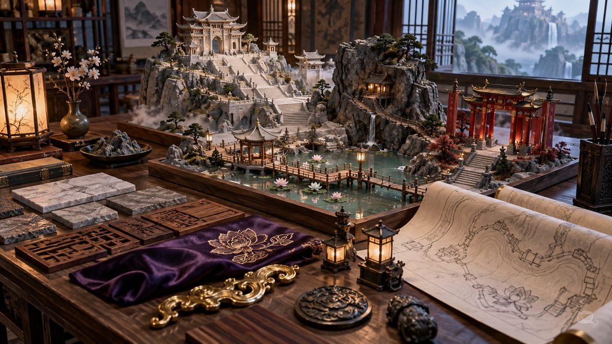 08-set-design-faq An architect-scholar’s table holds a detailed miniature world of mountain academy stairs, a lotus pier, a rocky refuge, and a red ceremonial gate alongside stone, wood, silk, metal, and abstract plans.