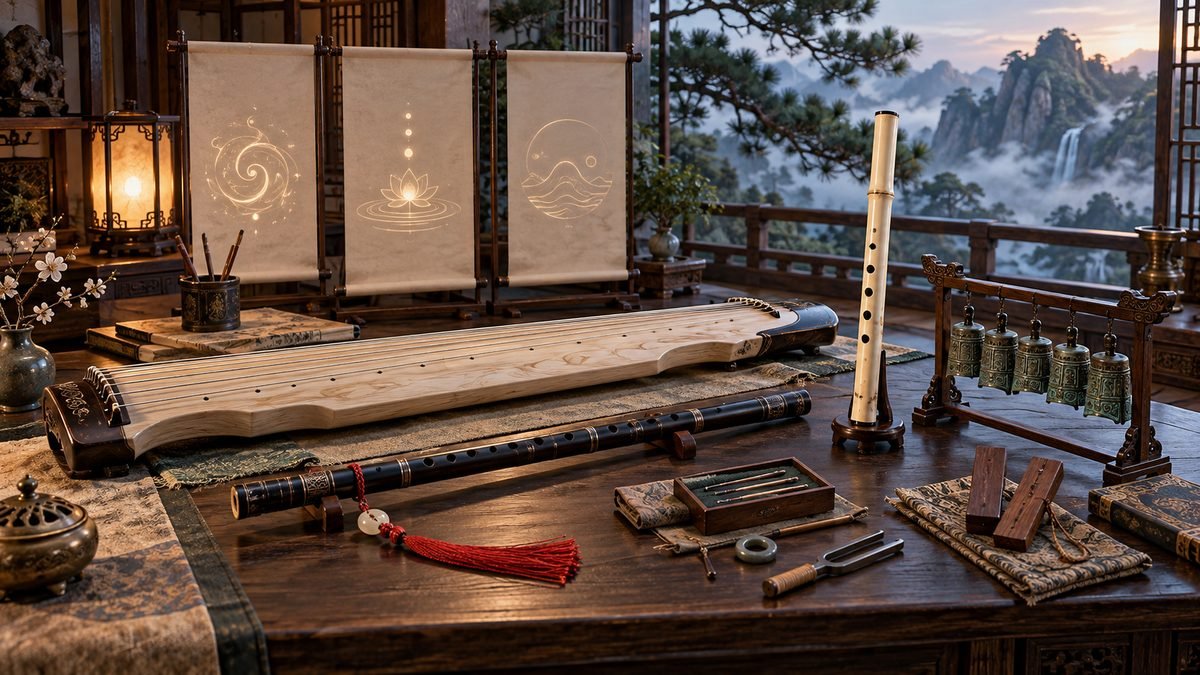 08-the-untamed-instruments-faq A scholar’s table presents a black transverse flute with red tassel, a pale guqin, a vertical xiao, bells, wooden clappers, tuning tools, and abstract symbols for Inquiry, healing, and altered music.