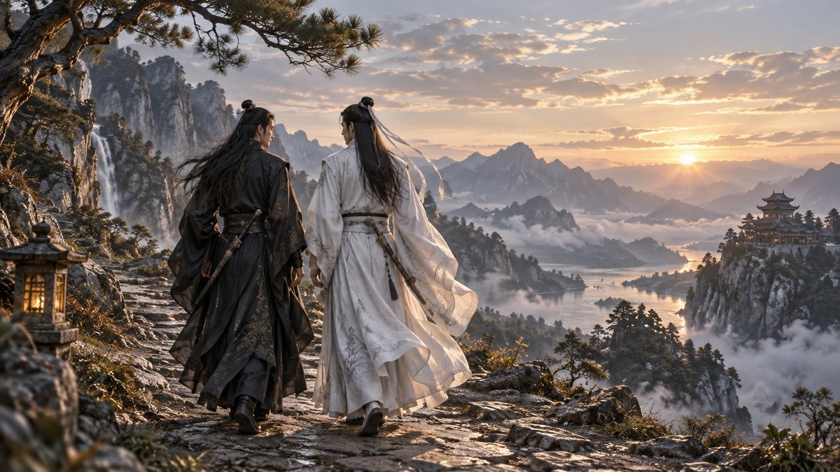 09 Conclusion Two male cultivators in black and white walk side by side toward sunrise above a misty mountain valley.