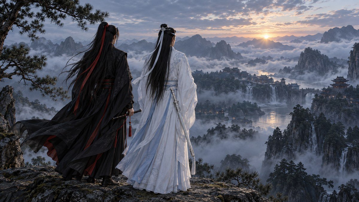09 Conclusion Wei Wuxian and Lan Wangji stand together at sunrise above a peaceful mist-covered cultivation valley.