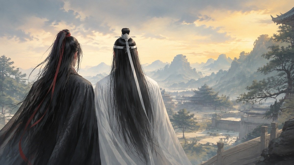 Wei Wuxian and Lan Wangji look across misty rooftops in warm light, a symbolic illustration of shared visual memory.