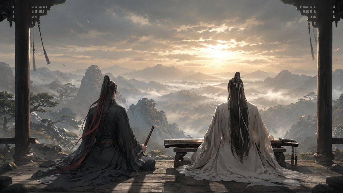 Wei Wuxian and Lan Wangji face a glowing mountain horizon beside a dark flute and guqin.
