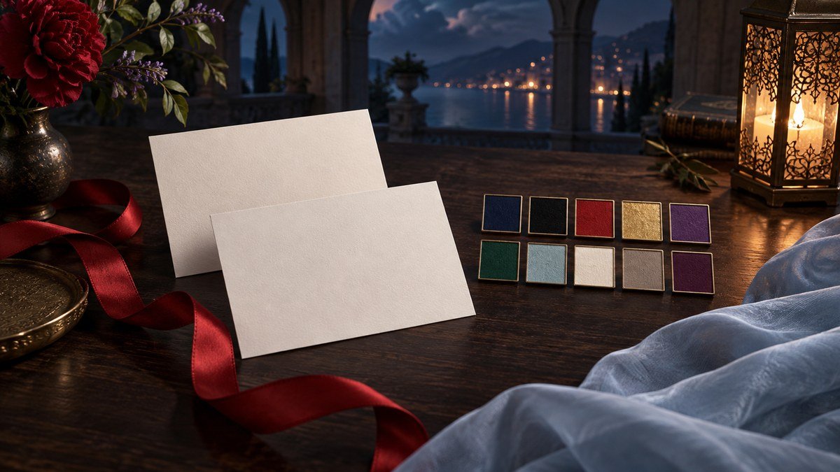 Blank cards, red ribbon, blue fabric, and ten color swatches frame questions about visual meaning.