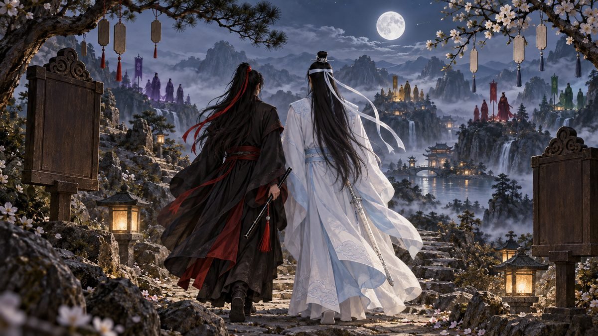 09-character-names-conclusion Wei Wuxian and Lan Wangji walk together beneath the moon between blank public plaques and private name tokens, their red hair ribbon and white forehead ribbon visible as distant clan figures watch from the mountains.