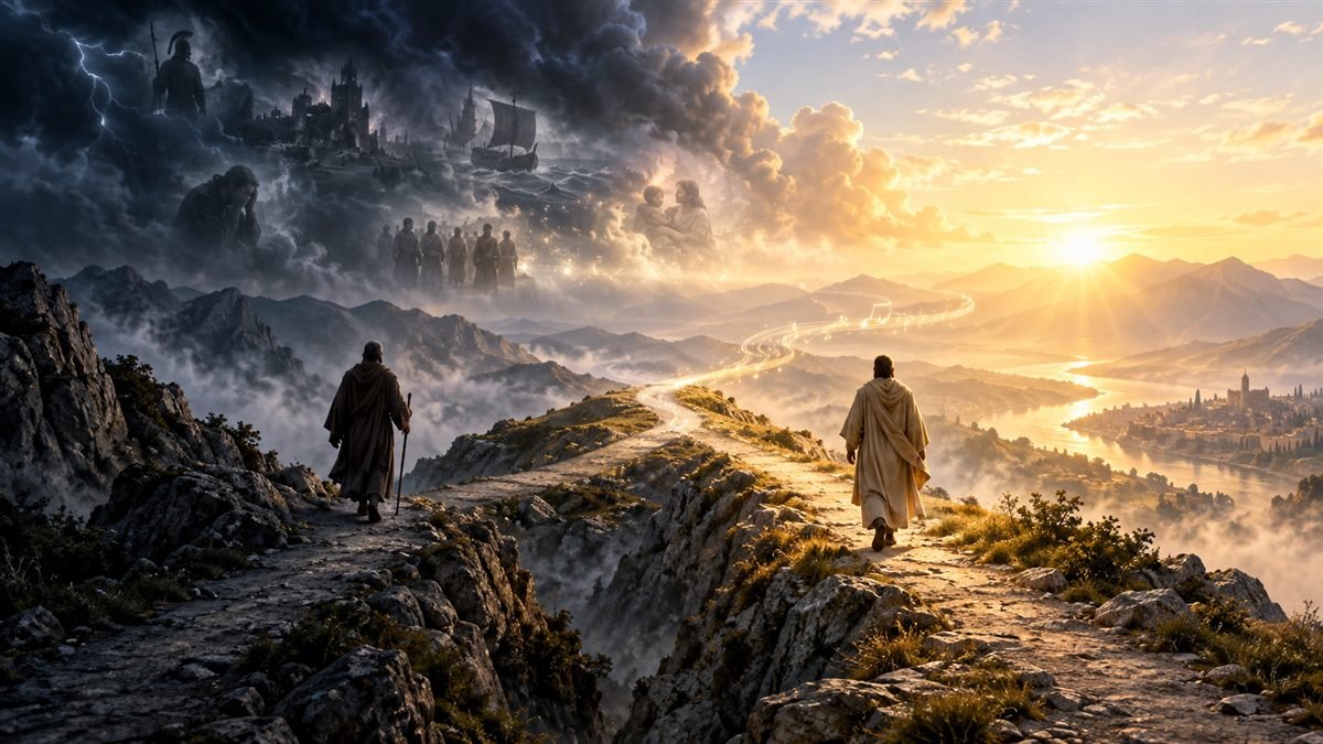 09-conclusion Two robed figures follow separate mountain paths that join beneath a bright dawn.