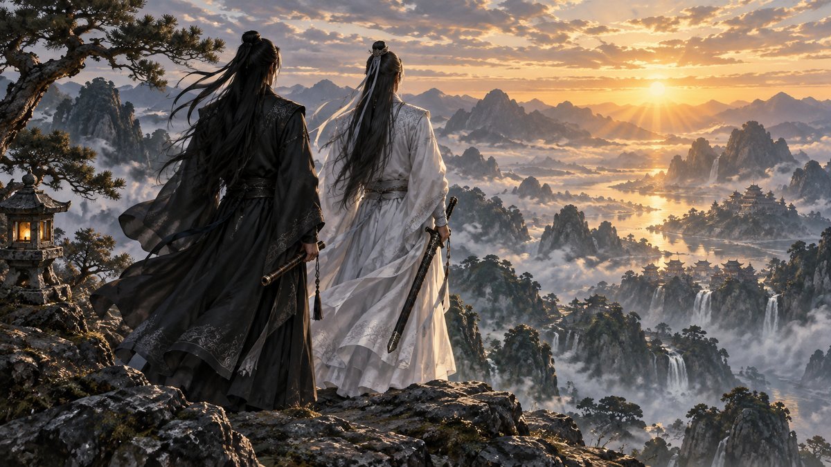 09-conclusion Two fictional male cultivators in black and white stand shoulder to shoulder at dawn, facing a gold-lit mountain valley with their weapons lowered.