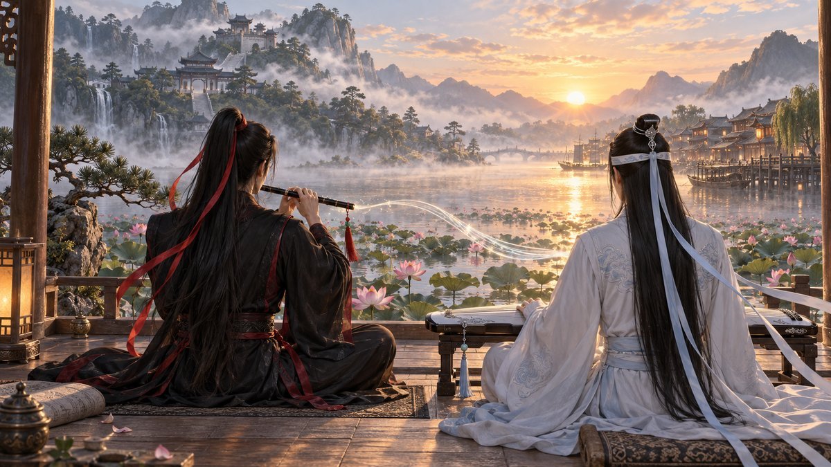 09-the-untamed-instruments-conclusion Wei Wuxian and Lan Wangji sit from behind beside flute and guqin at sunrise, their red hair ribbon and white forehead ribbon visible as one subtle line of music crosses the lotus lake.