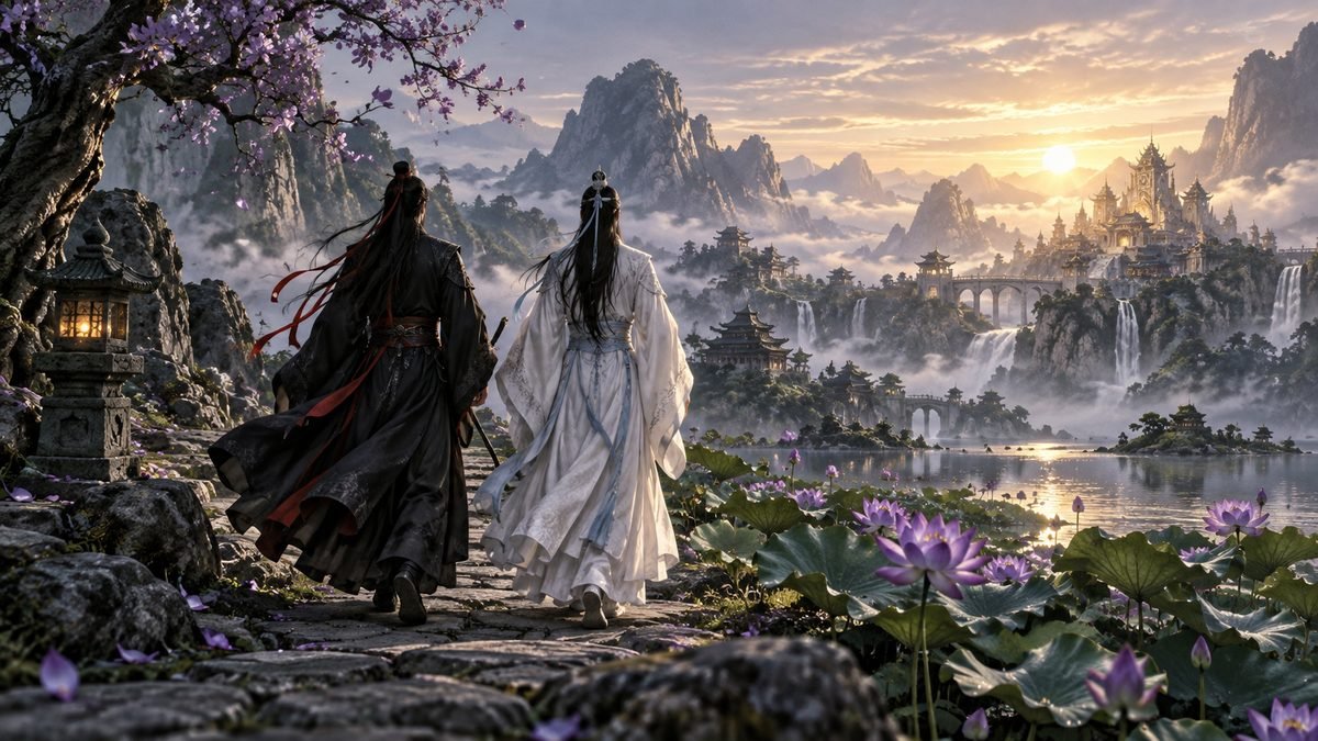 Wei Wuxian and Lan Wangji walk through purple lotus, green leaves, gray mist, and golden dawn light.