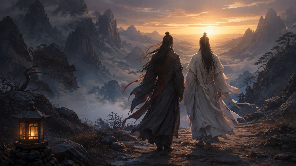 Wei Wuxian and Lan Wangji walk together toward dawn as a lantern glows behind them in the mist.