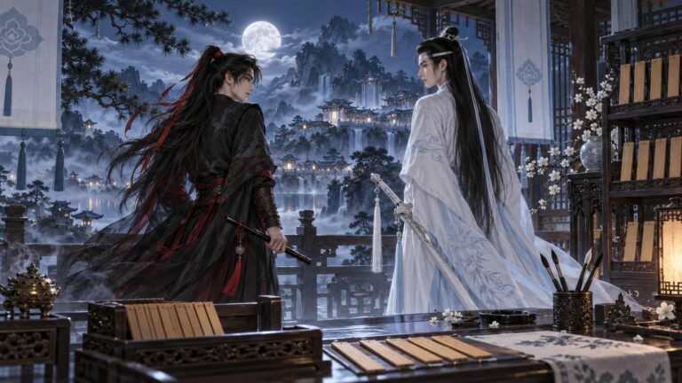 Wei Wuxian and Lan Wangji stand in a moonlit Gusu archive beside blank name tablets and calligraphy tools.