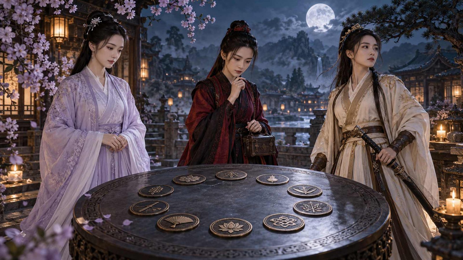 Jiang Yanli, Wen Qing, and Mianmian stand around ten blank tokens in a moonlit cultivation courtyard.