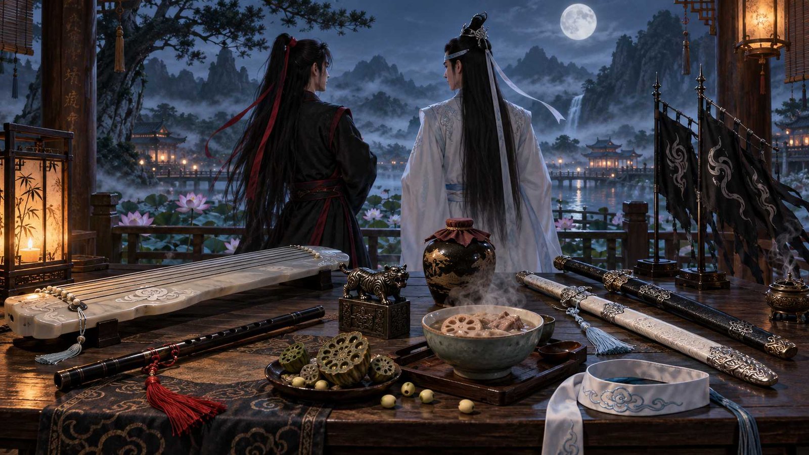 Wei Wuxian in black with a red hair ribbon and Lan Wangji in white with his forehead ribbon stand behind a moonlit table displaying a flute, guqin, swords, tiger tally, flags, wine, lotus pods, and soup.