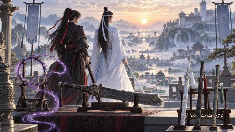 Wei Wuxian in black with his red hair ribbon and Lan Wangji in white with his forehead ribbon stand on a mountain terrace among distinct swords, a heavy saber, and a glowing purple spiritual whip.