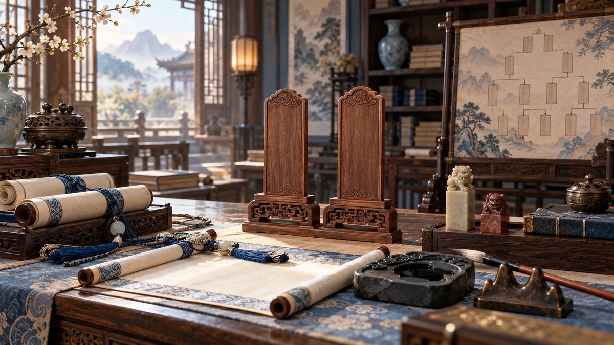 02-how-courtesy-names-work Paired blank name tablets, scrolls, seals, and ink tools rest on a scholar’s desk in an ancient clan library.