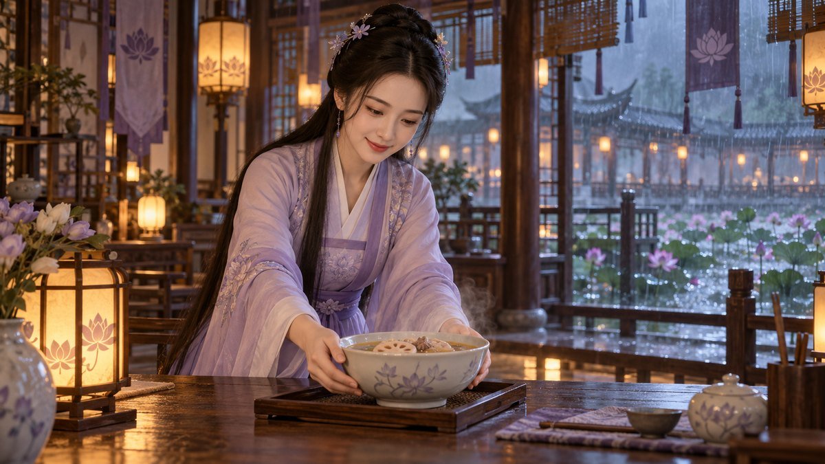 Jiang Yanli serves warm lotus root soup in a lantern-lit Lotus Pier pavilion overlooking rainy water.