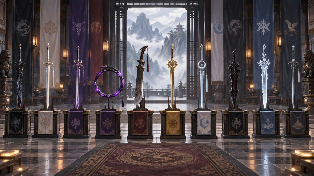 Ten distinct cultivation weapons stand in a formal ancestral gallery against clan-colored banners, showing how swords, a saber, and a ring-whip communicate identity and inheritance.