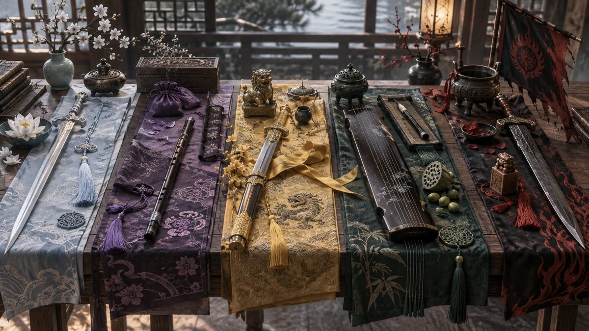 A scholar-style table arranges swords, instruments, vessels, lotus pods, seals, flags, ribbons, and clan-colored textiles to show how props connect individuals with cultivation culture.