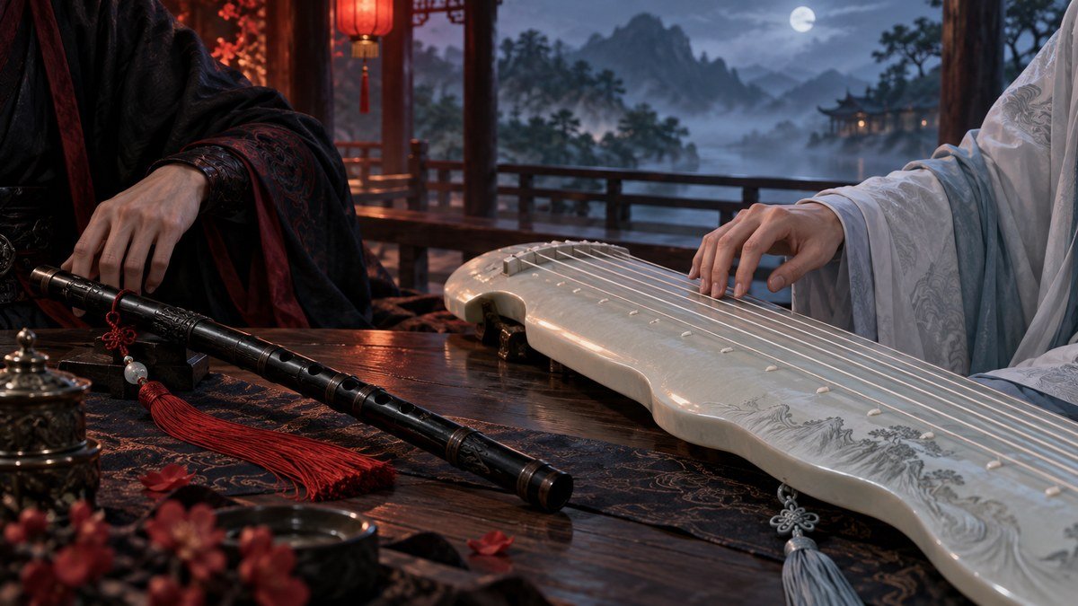 Wei Wuxian’s black bamboo flute with a red tassel rests beside Lan Wangji’s pale seven-string guqin as black-red and white-blue sleeves frame the two musical identities.