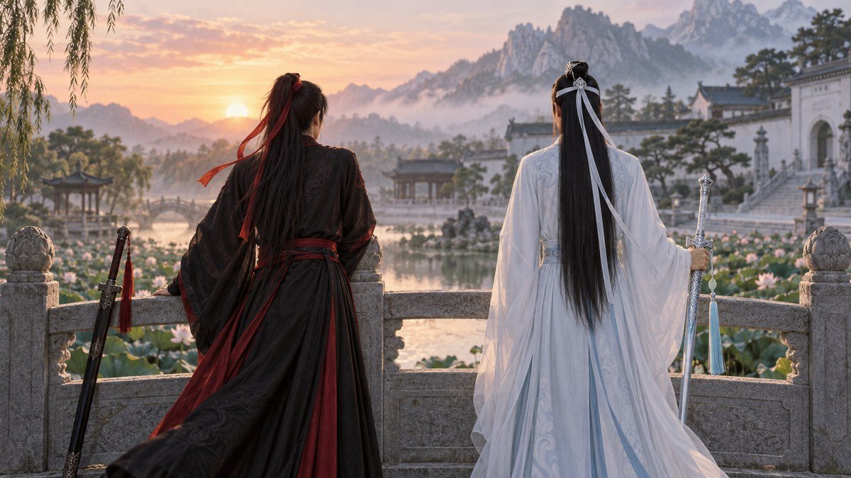Wei Wuxian and Lan Wangji stand from behind on a sunrise bridge, identified by their red and white ribbons, with dark Suibian resting unused and pale Bichen held upright.